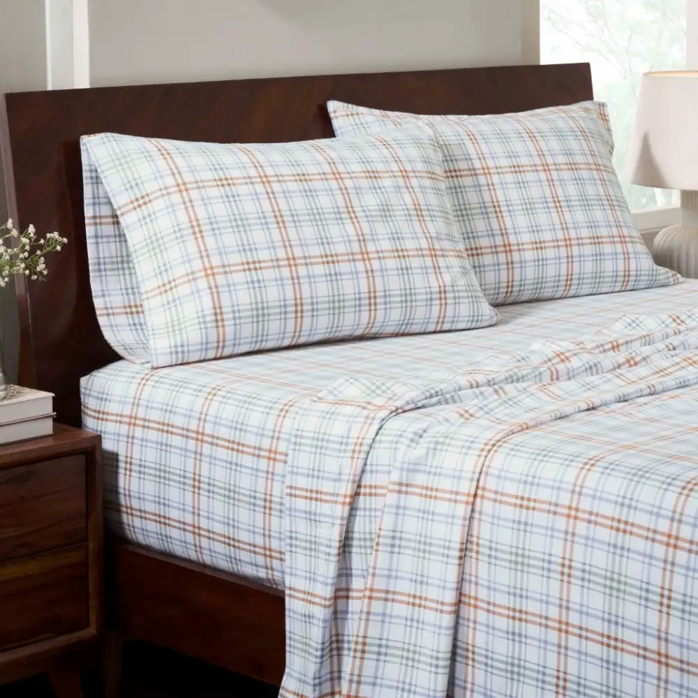 Cotton Flannel Plaid Farmhouse Sheet Bedding Set