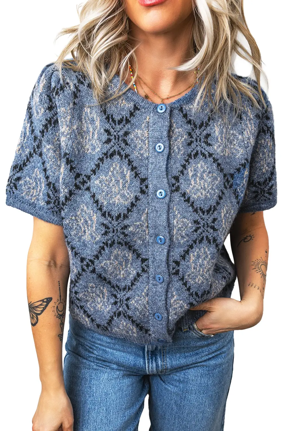 Button-Front Round-Neck Short-Sleeve Knit Cardigan