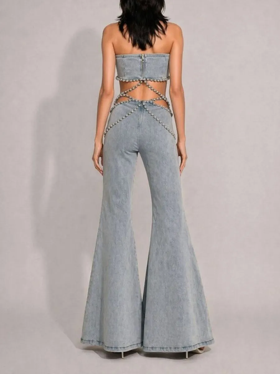 Aislinn Rhinestone-Embellished High-Waisted Denim Two Piece Set