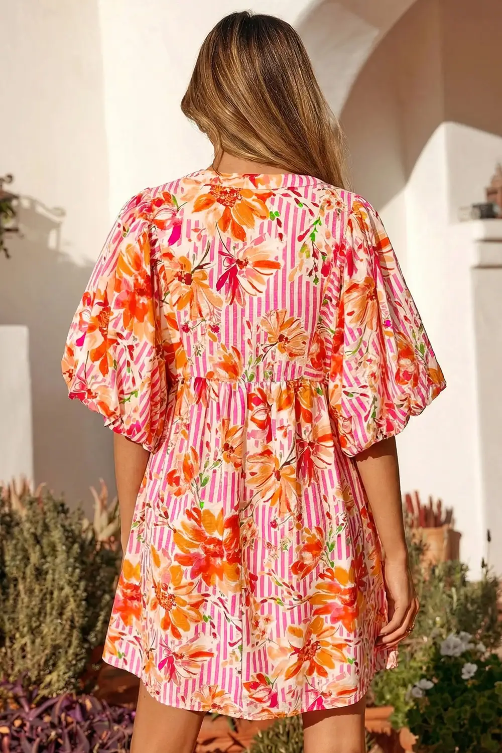 Floral Striped Puff Sleeve Mini Dress