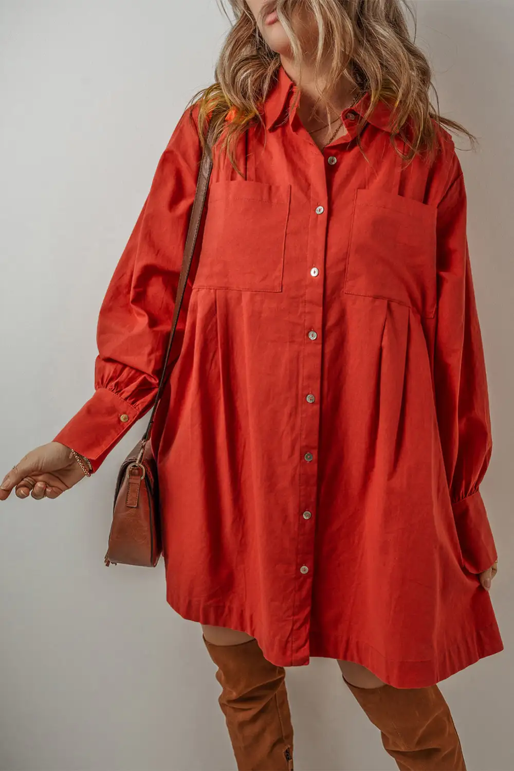 Pleated Button Front Mini Dress
