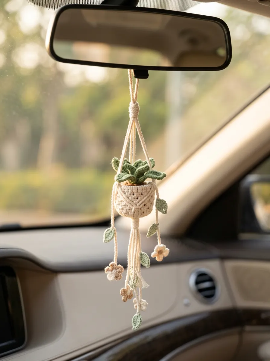 Macrame Knitted Floral Rearview Mirror Hanging Ornament