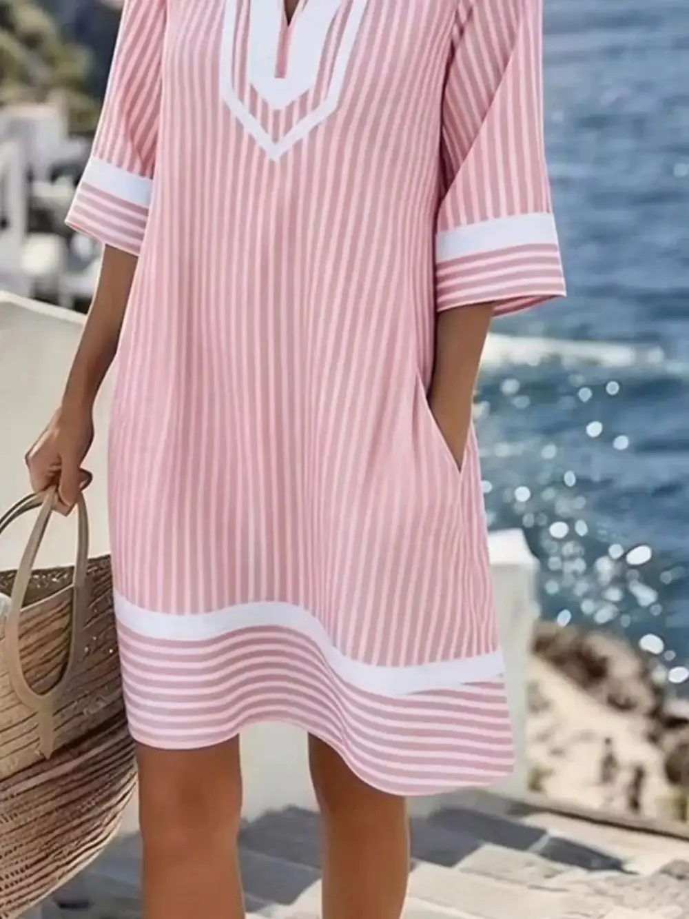 V-Neck Striped Casual Dress