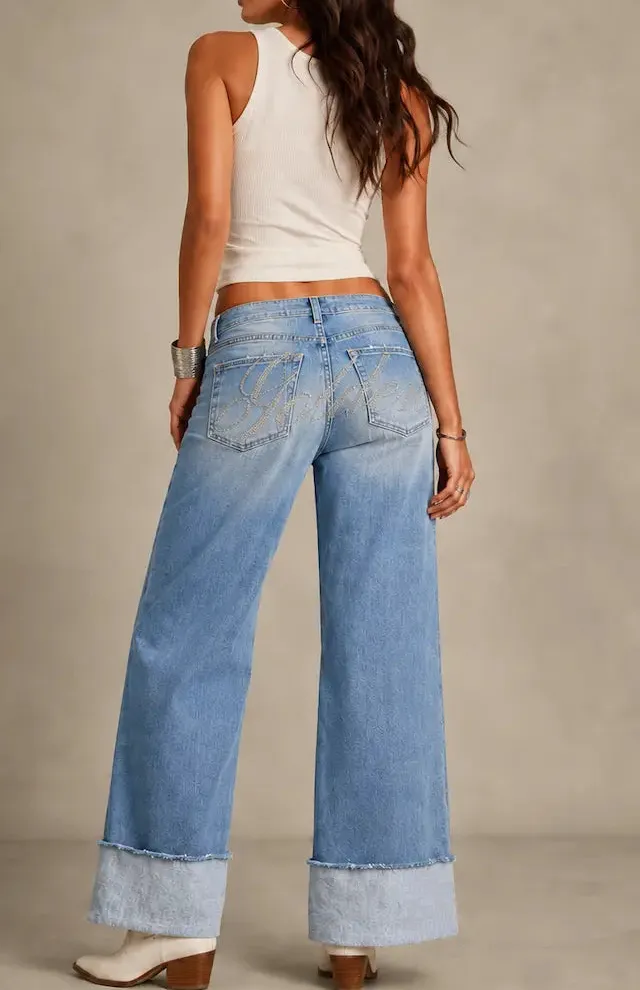 Low Rise Rhinestone Detail Western Style Wide Leg Cuffed Denim Jeans