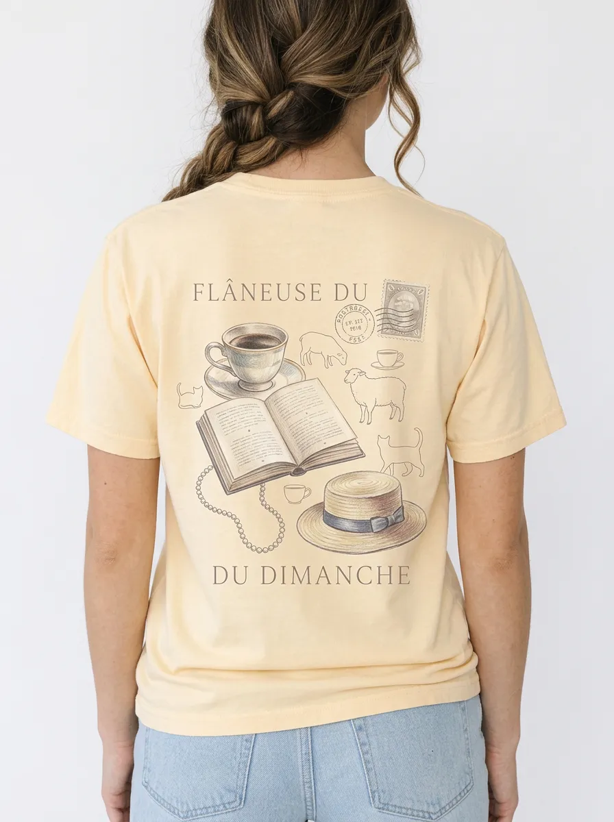 Women's French Aesthetic Book Coffee Sheep Printed T-shirt