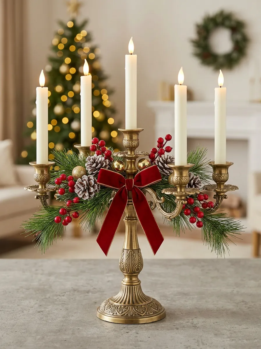 Traditional Pinecone Bow Printed Candelabra