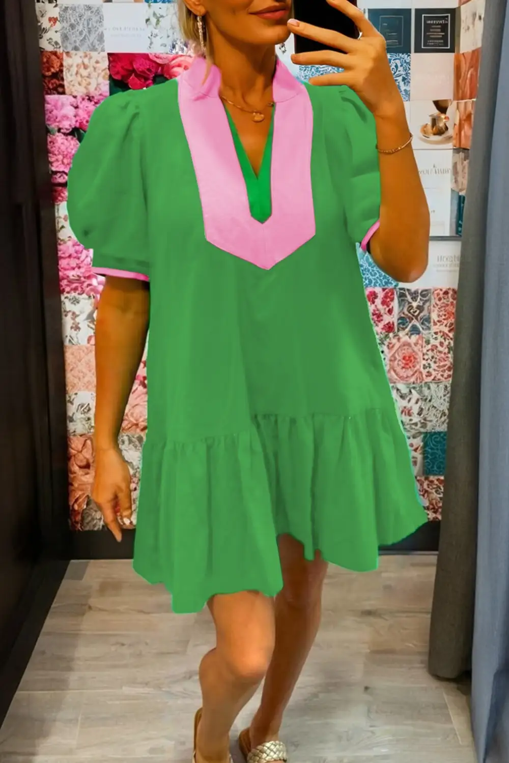 Bright Color Block Detail Split Neck Short Puff Sleeve Ruffle Hem Mini Dress
