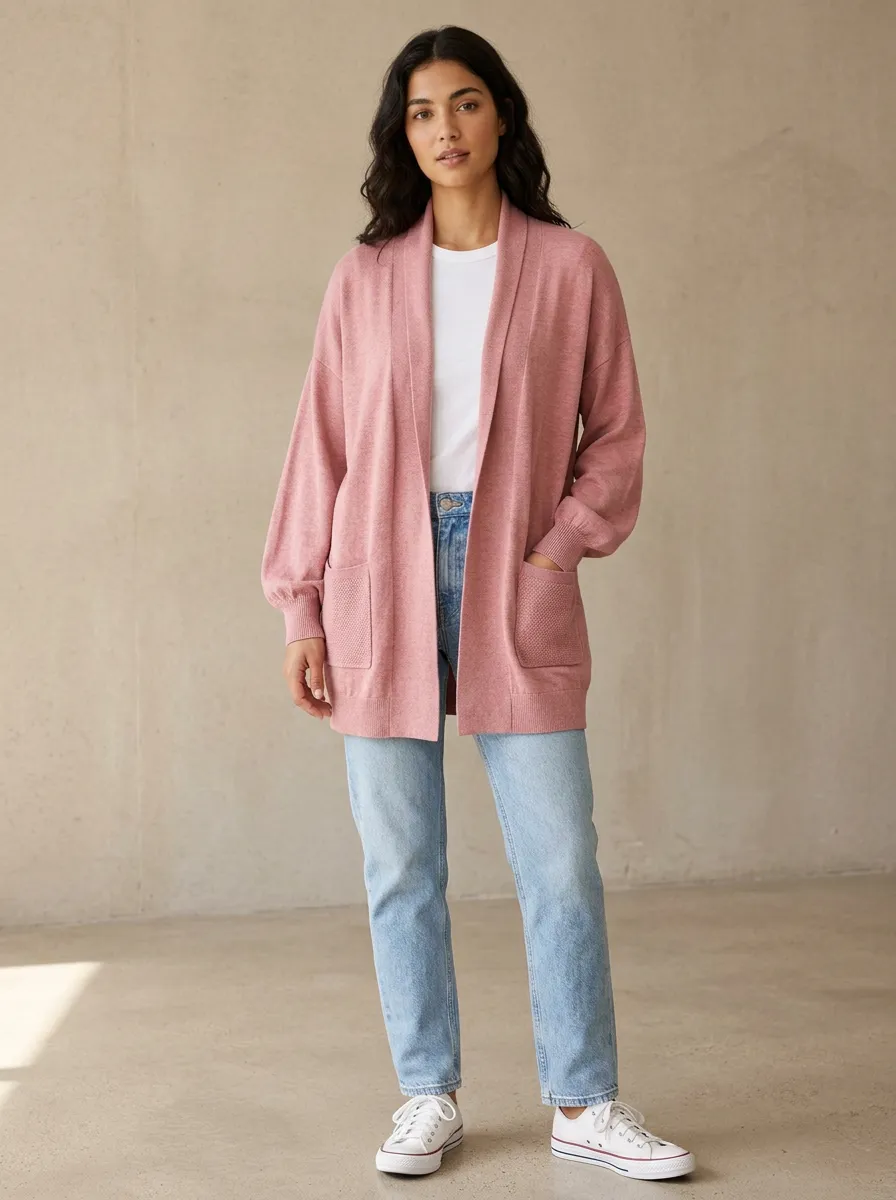 Women's Casual Pink Solid Color Open Front Knit Cardigan