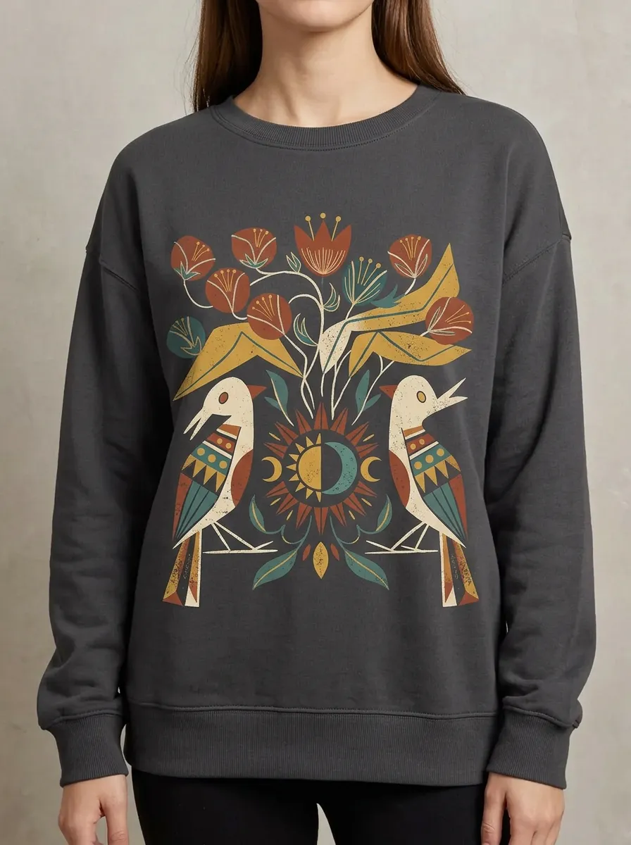Boho Folk Art Bird Sun Floral Sweatshirt