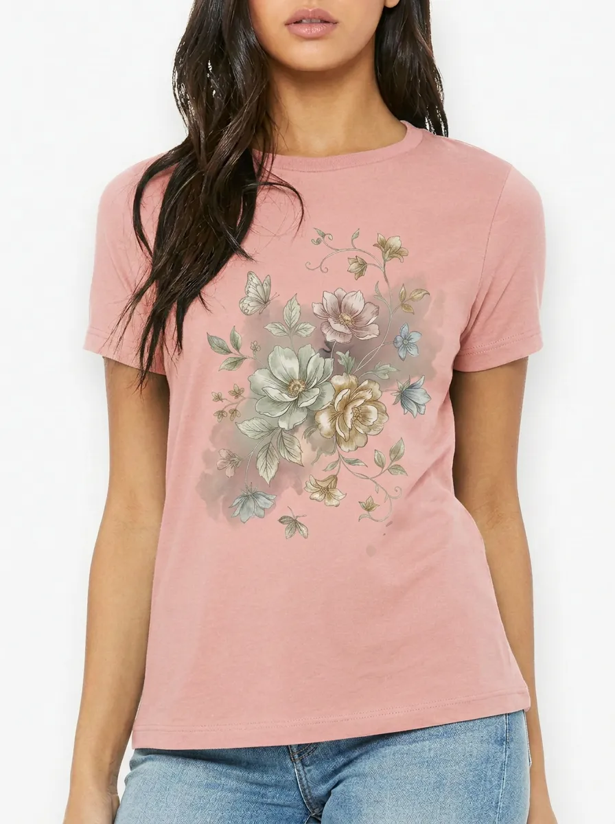 Women's Floral Butterfly Nature Lover Watercolor Printed T-shirt