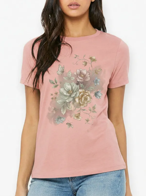 Women's Floral Butterfly Nature Lover Watercolor Printed T-shirt