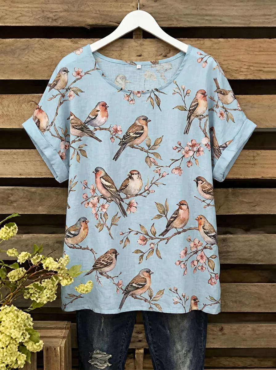 Cherry Blossom Floral Women's Loose Printed T-Shirt