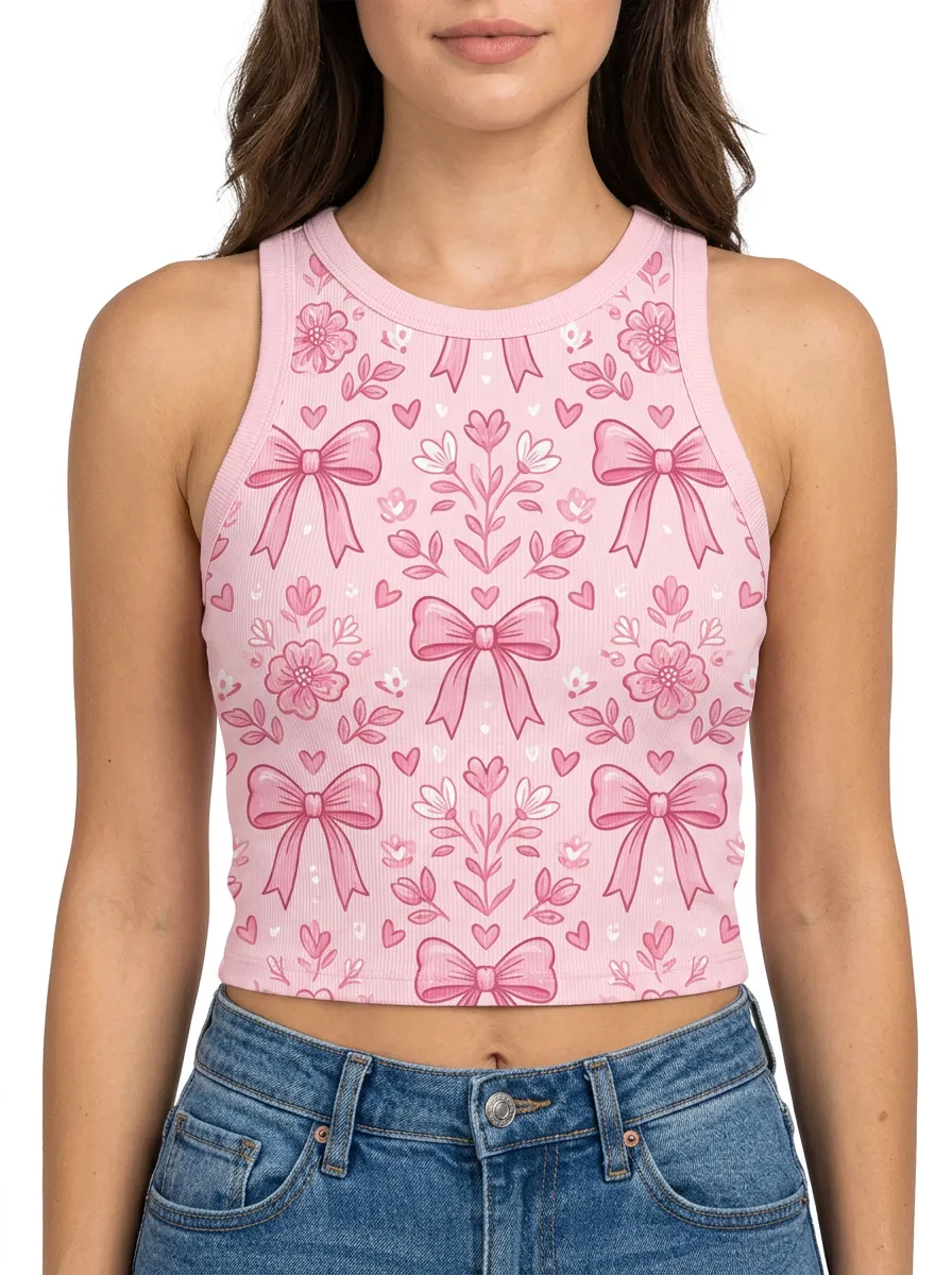 Women's Breast Cancer Awareness Pink Bow Floral Printed Crop Tank Top