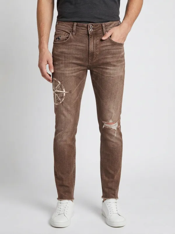 Men's Travel Compass Graphic Distressed Slim-Fit Jeans