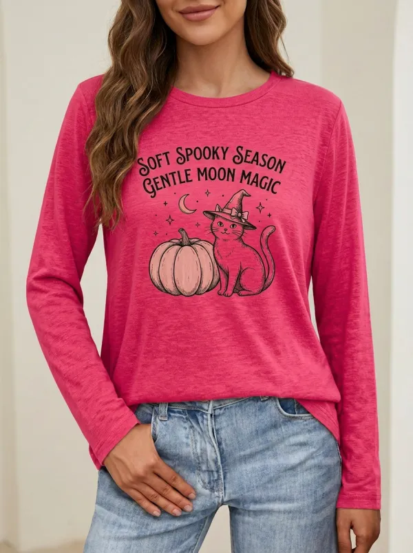 Pumpkin Cat Witch Halloween Cotton Linen Long Sleeve Top