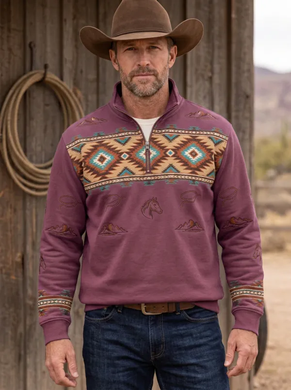 Men's Western Cowboy Horse Mountain Half-Zip Sweatshirt