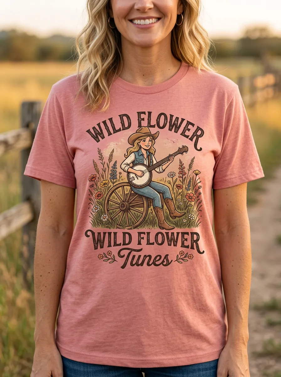 Acoustic Country Music Banjo Player Wildflower Crew Neck T-Shirt