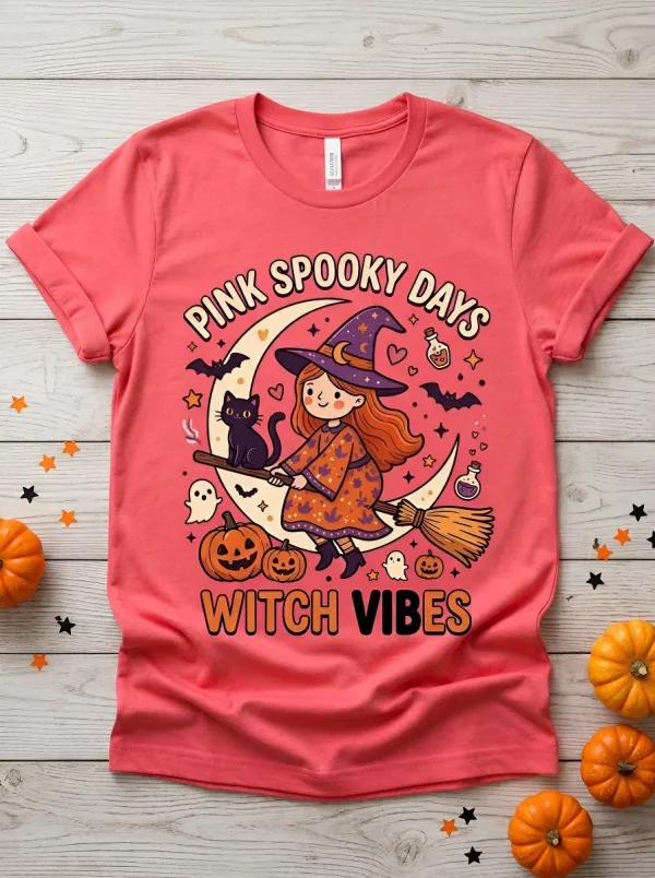 Cat Witch Halloween Graphic T-Shirt