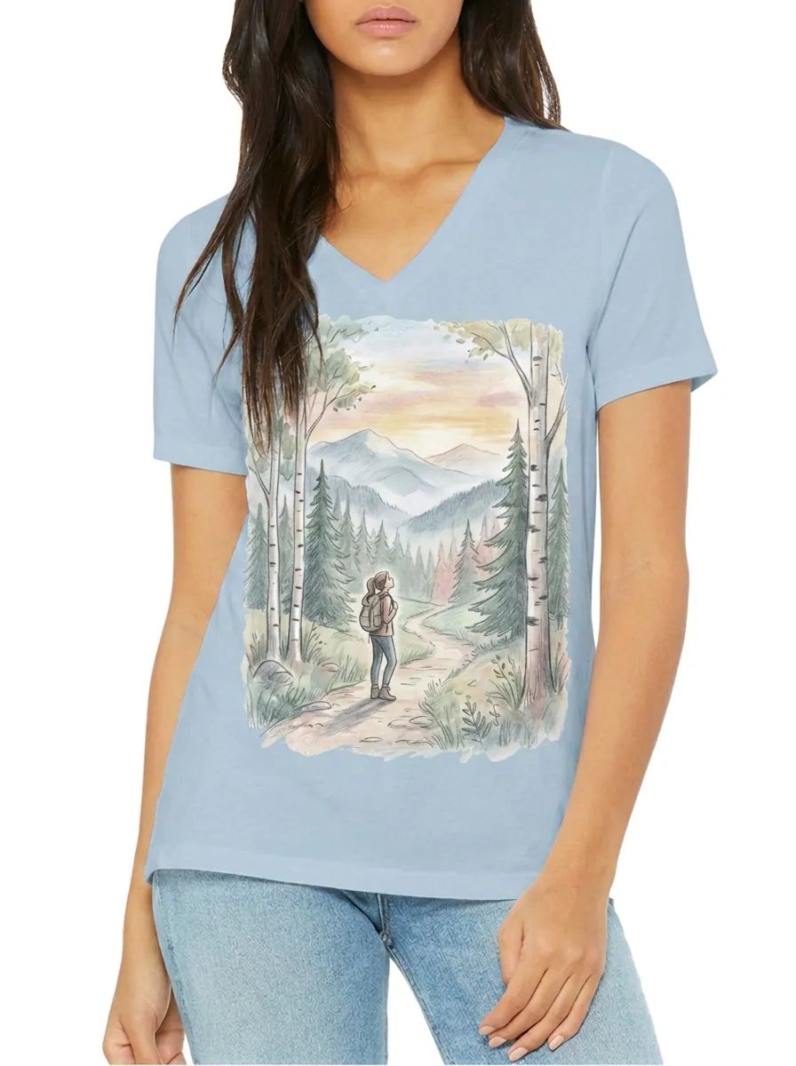 Women's Hiking Lover Mountain Forest Landscape Printed V-neck T-shirt