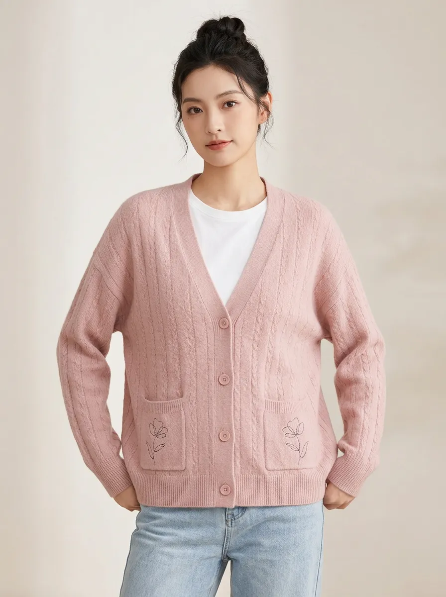 Women's Floral Minimalist Pink Embroidered Cable Knit Cardigan