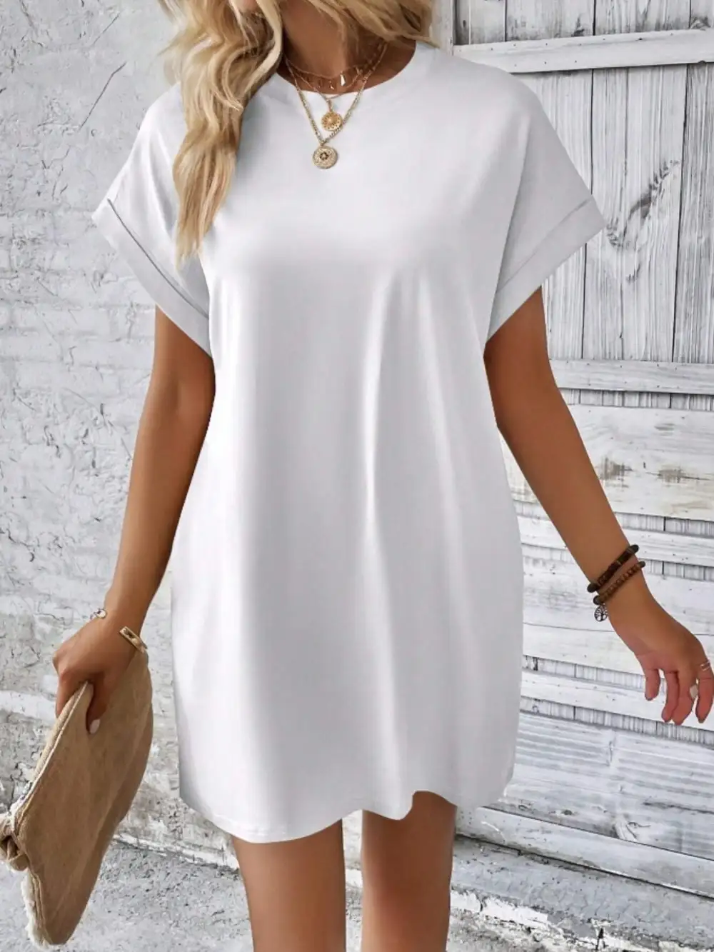 Round-Neck Short-Sleeve Cotton Casual Dress