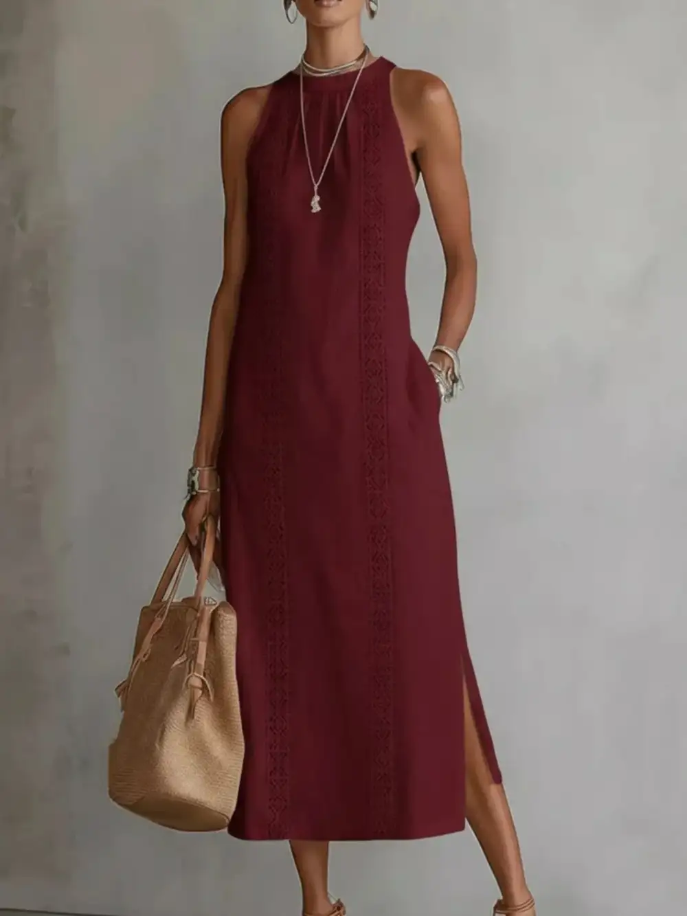 Sleeveless Lace Trim Midi Dress