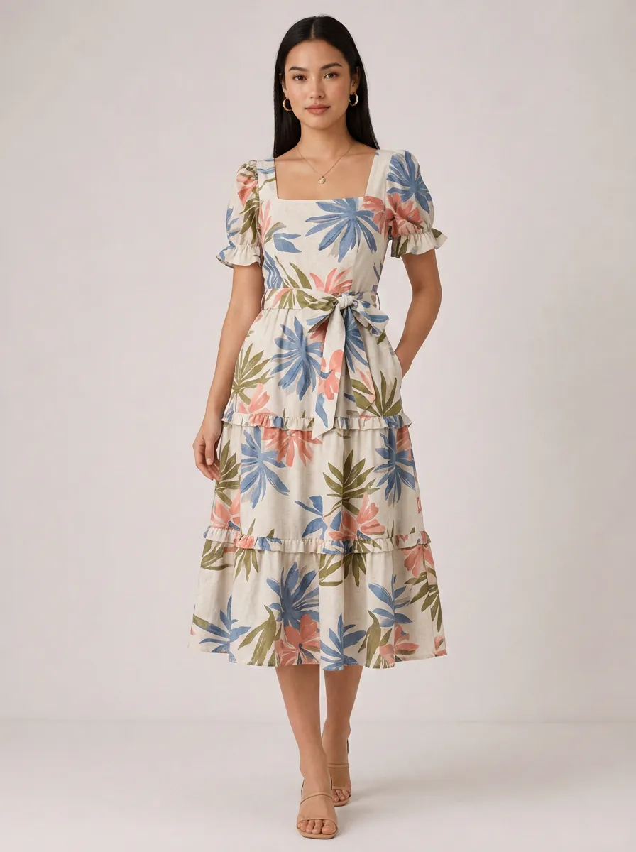 Women's Summer Tropical Floral Printed Square Neck Midi Dress