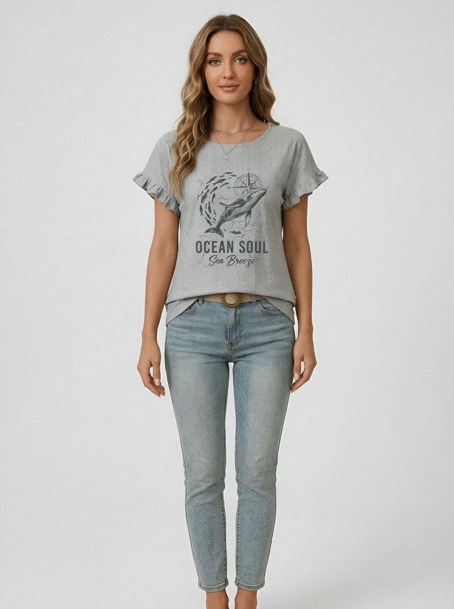 Women's Whale Compass Printed Ruffle Top