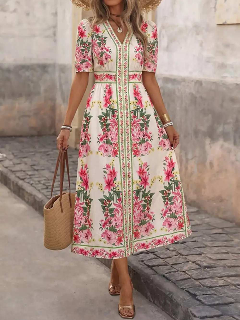 Neck V-Neck Midi Dress