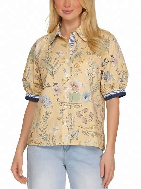 Women's Vintage Floral Botanical Printed Puff Sleeve Shirt