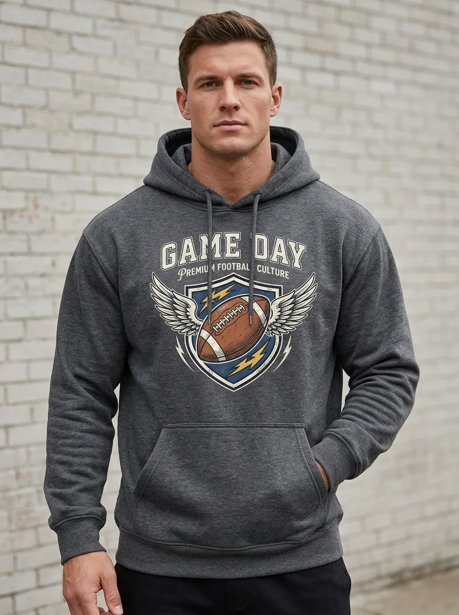 Men's American Football Game Day Winged Ball Printed Hoodie