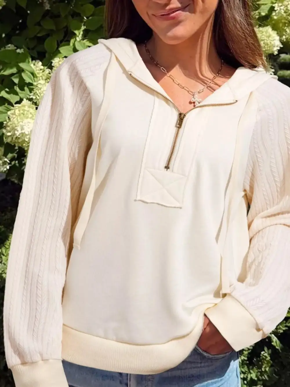 Half-Zip Drawstring Pocketed Textured Hoodie
