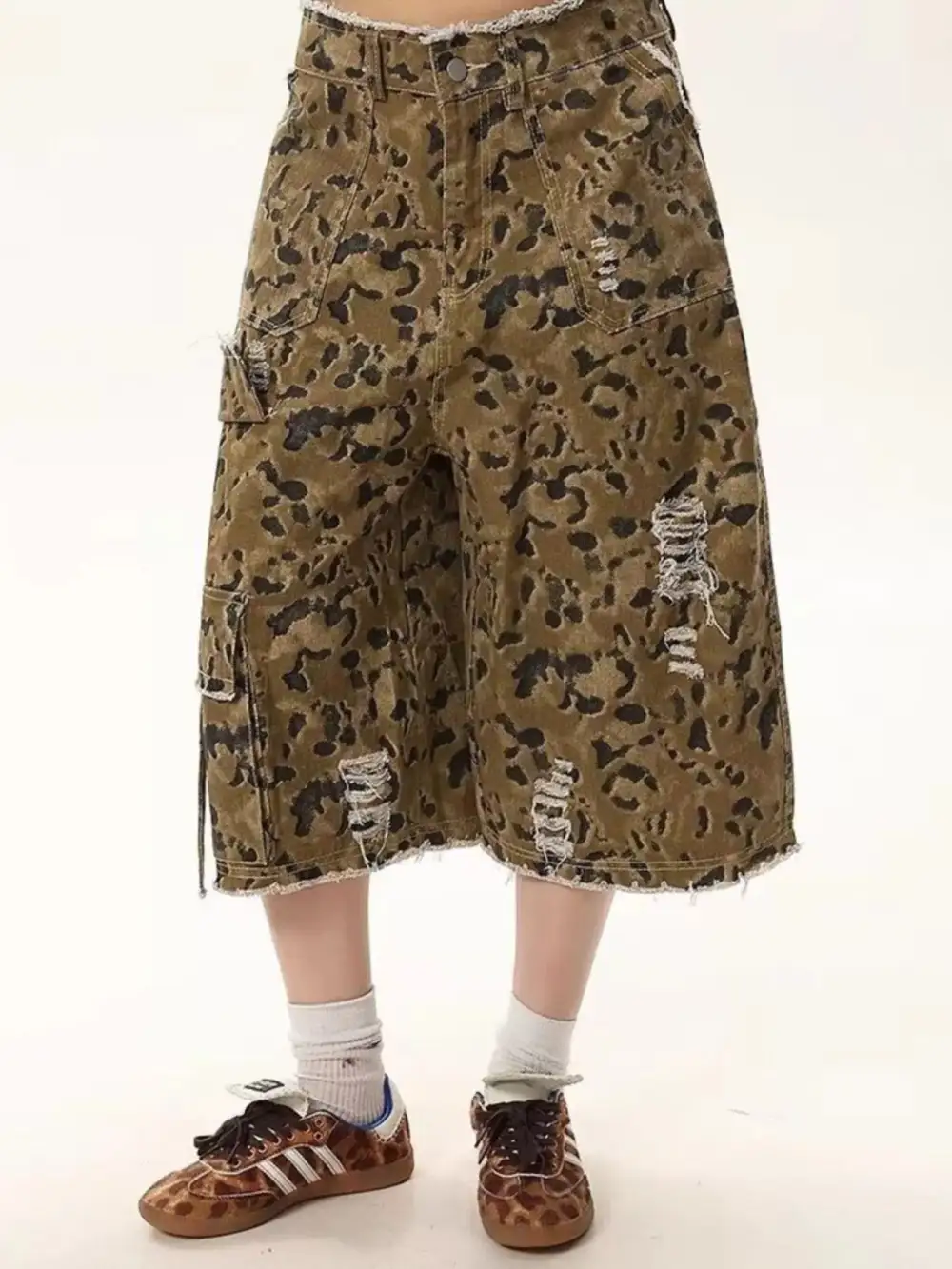 Men S Full Size Distressed Camo Print Denim Shorts Plus Size