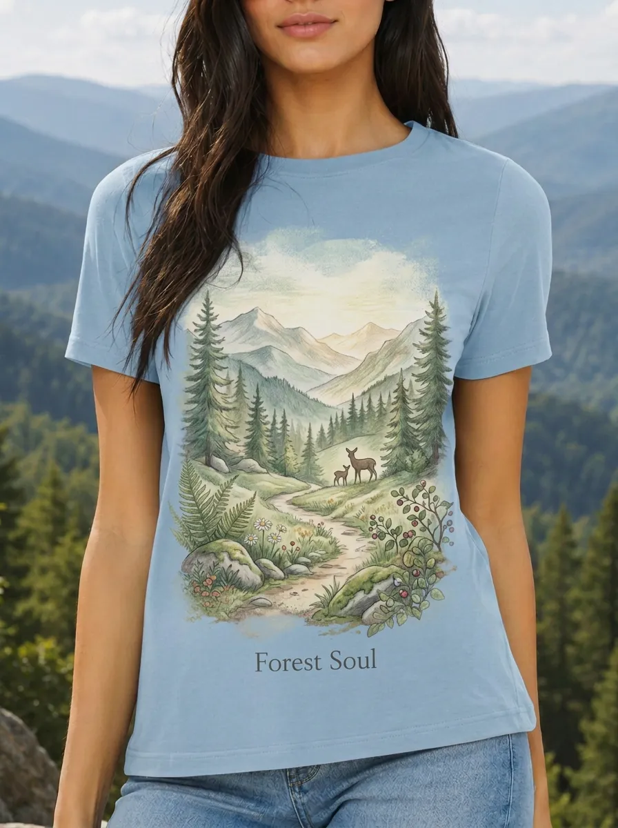 Women's Nature Lover Mountain Deer Forest Printed T-shirt