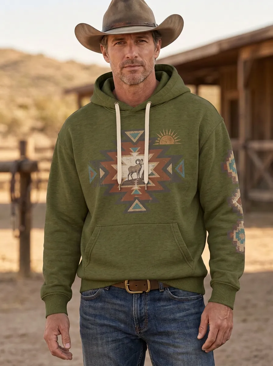 Men's Western Cowboy Sun Geometric Graphic Hoodie