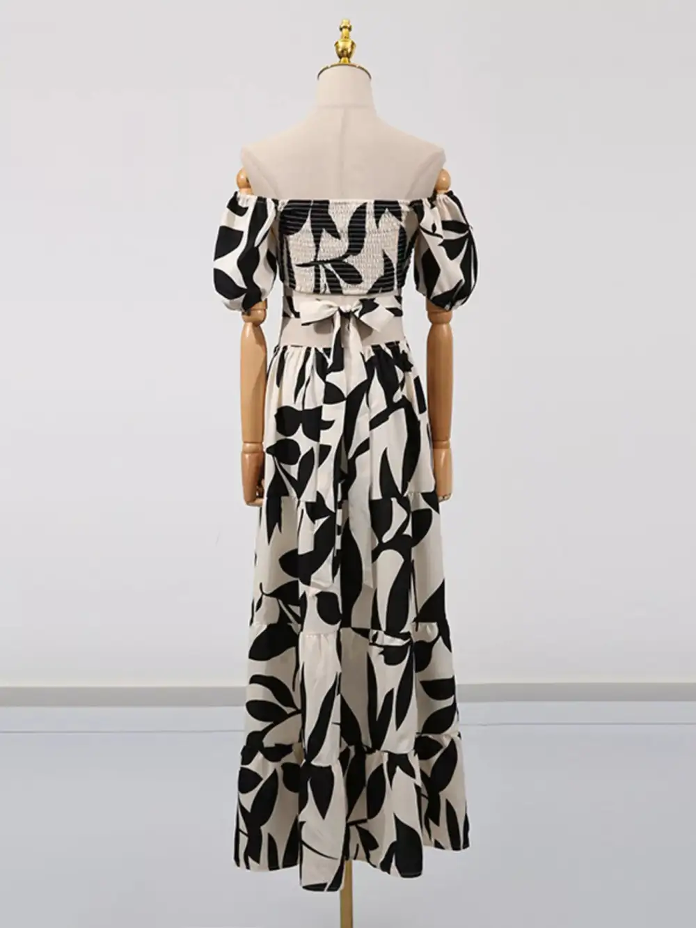 Off Shoulder Cutout Leaf Print Maxi Dress