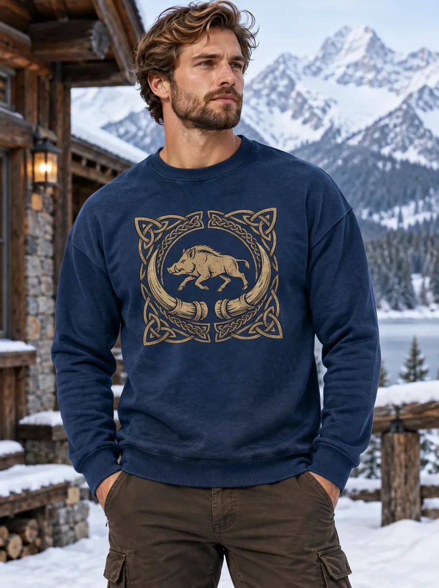 Men's Viking-Inspired Boar Celtic Knot Crewneck Sweatshirt