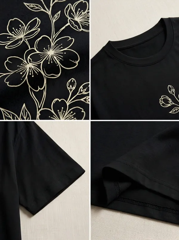 Unisex Nature Lover Cherry Blossom Line Art Printed T-shirt
