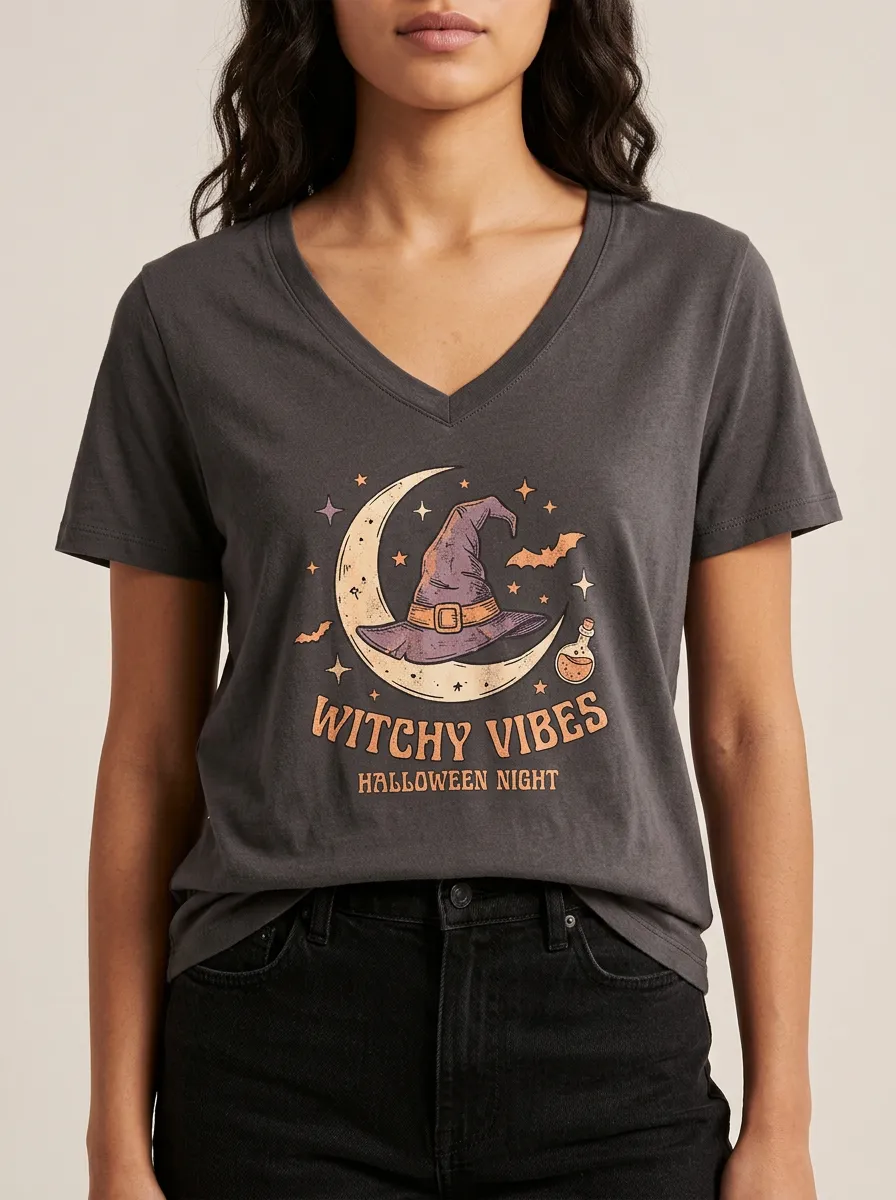 Women's Halloween Witchy Vibes Moon Hat Printed V-neck T-shirt