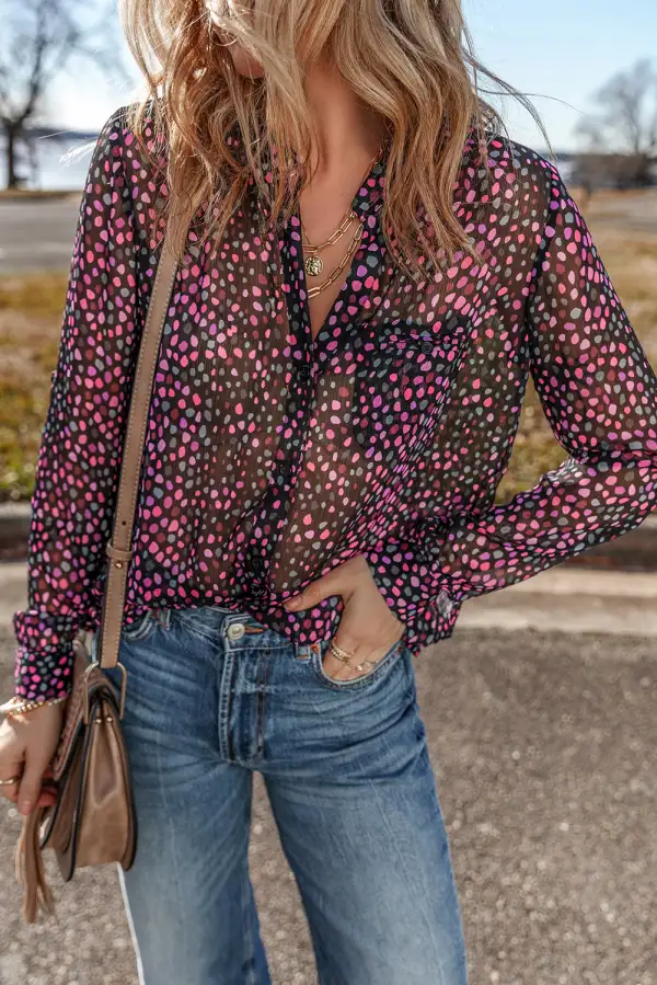 Boho Dot Print Button Front Shirt Blouse