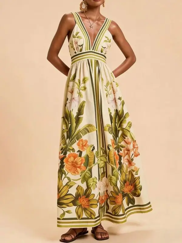 Smocked V-Neck Maxi Dress