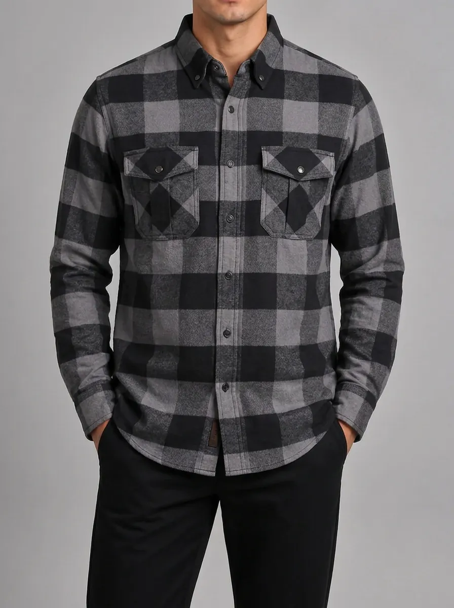 Men's Casual Style Grey Black Buffalo Plaid Patterned Flannel Shirt