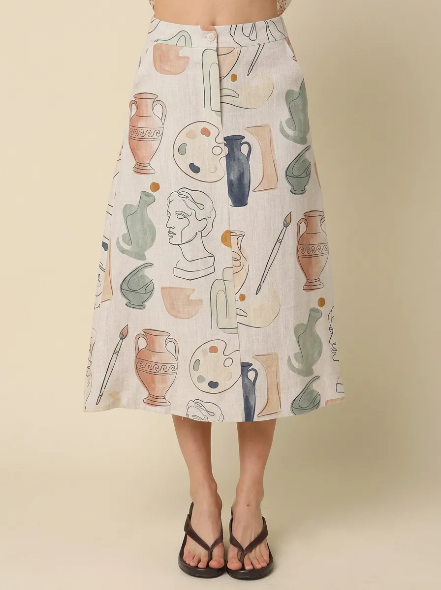 Women's Art Lover Greek Statue Vase Printed Midi Skirt