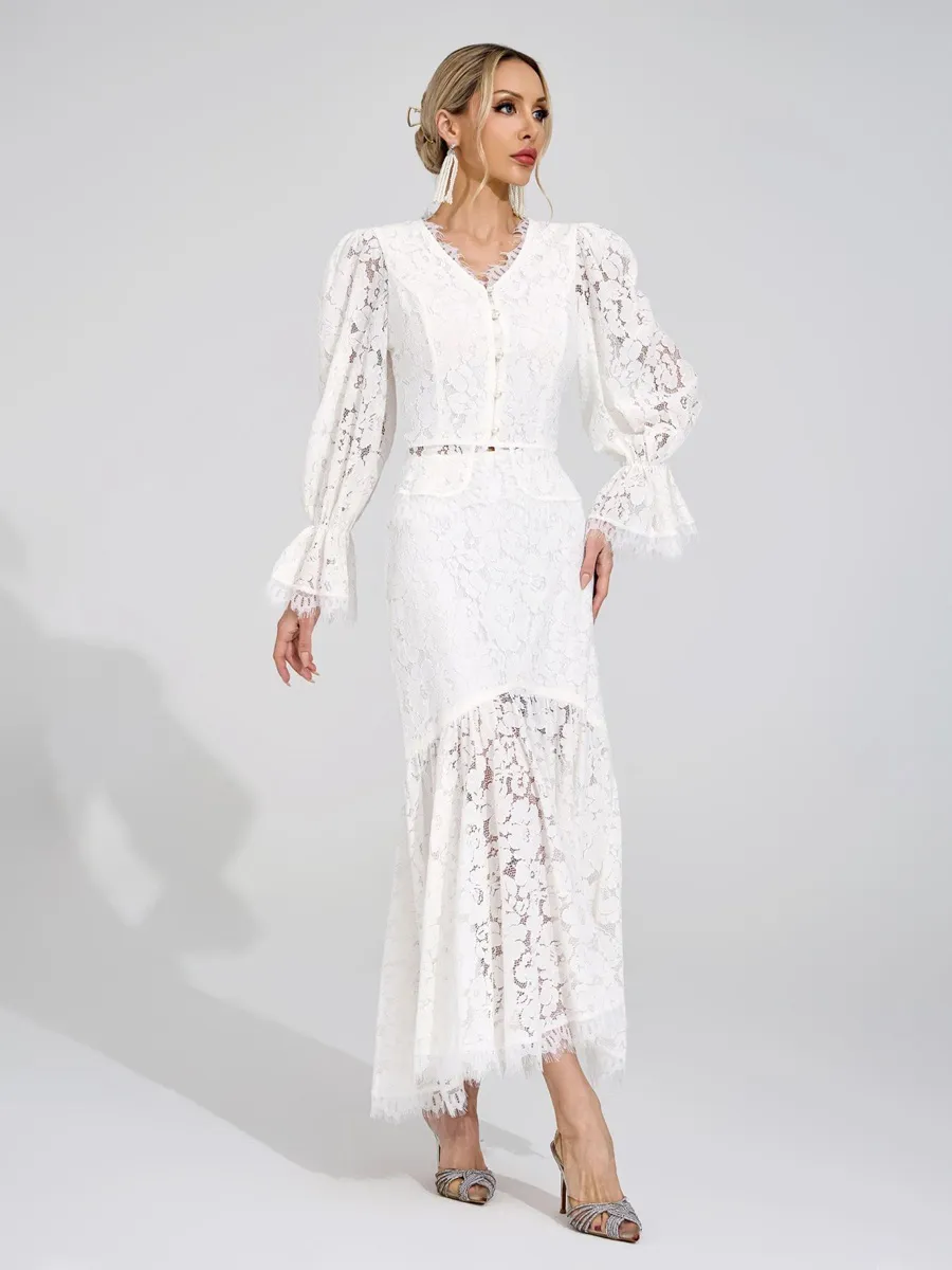 Clementine White Lace Maxi Skirt Set
