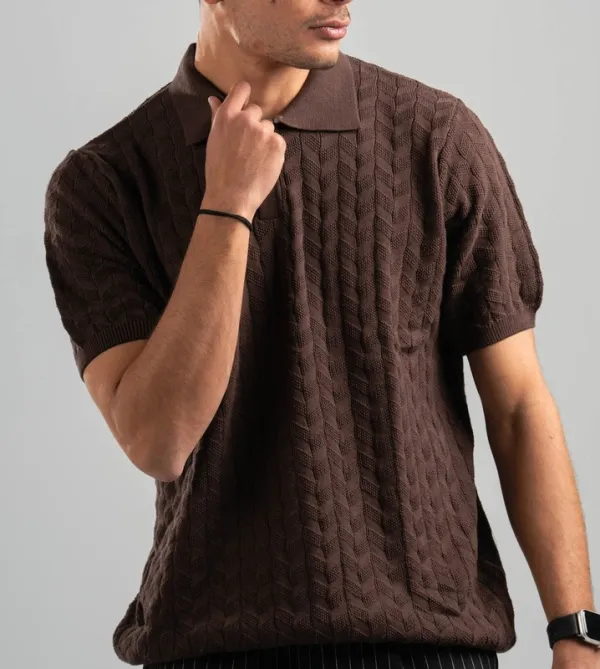Dark Brown Textured Knit Polo Shirt