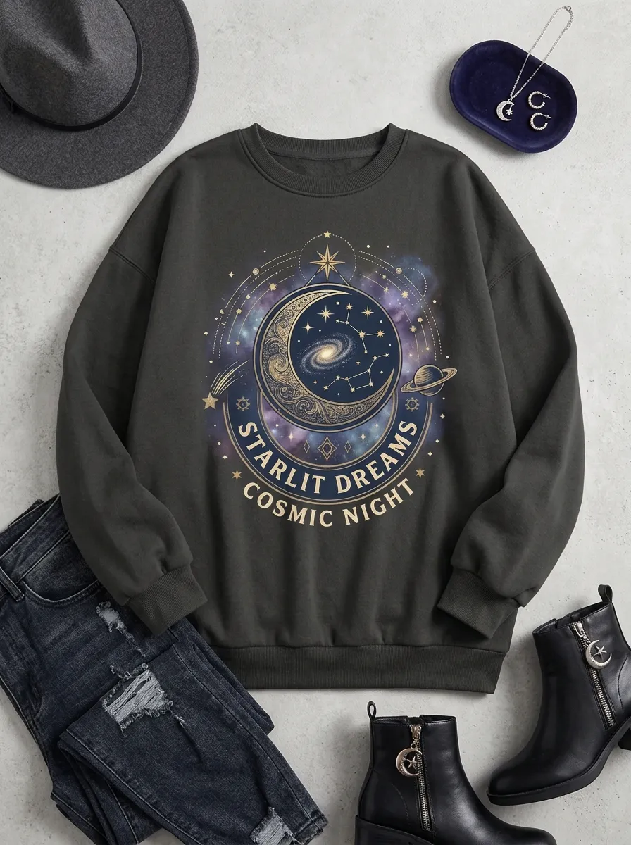 Women's Starlit Dreams Celestial Moon Galaxy Printed T-shirt