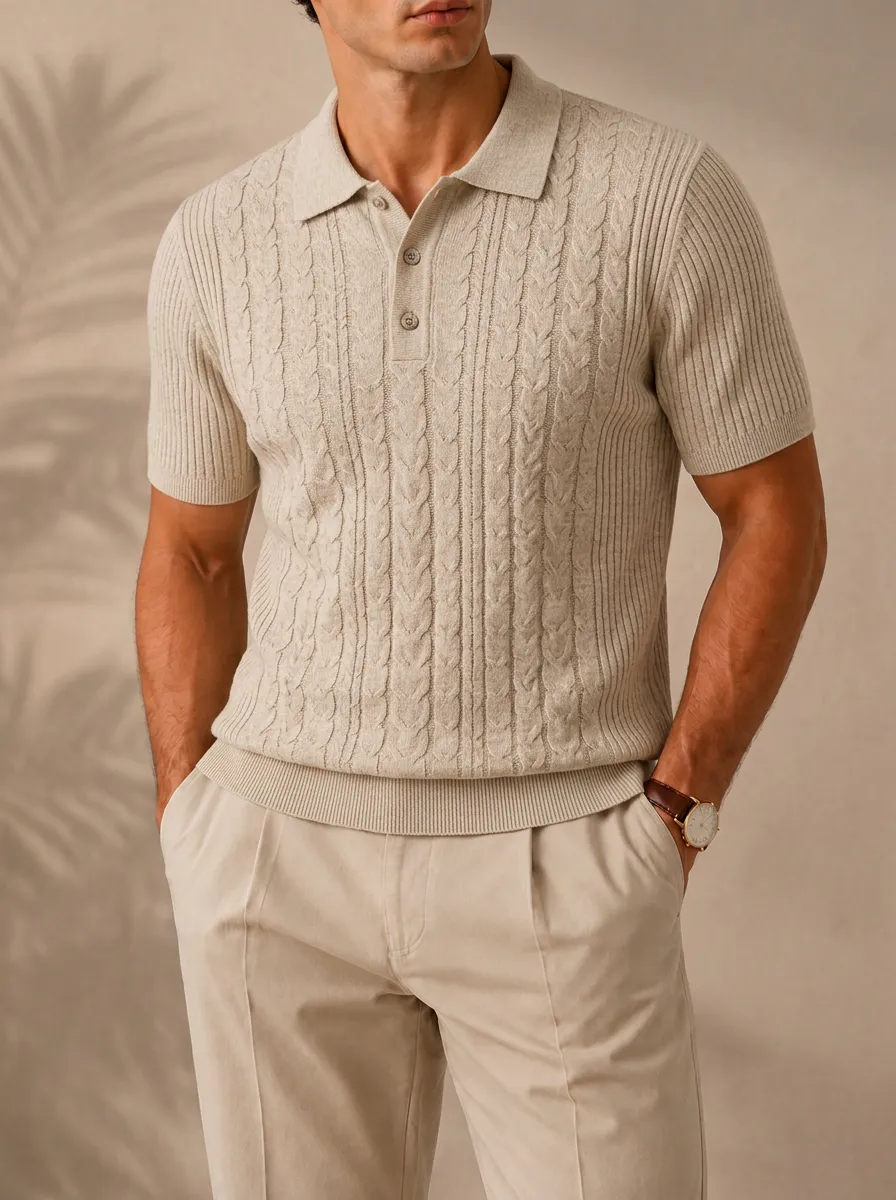 Men's Cable-Knit Short Sleeve Polo Shirt Featuring Front-Panel Detail