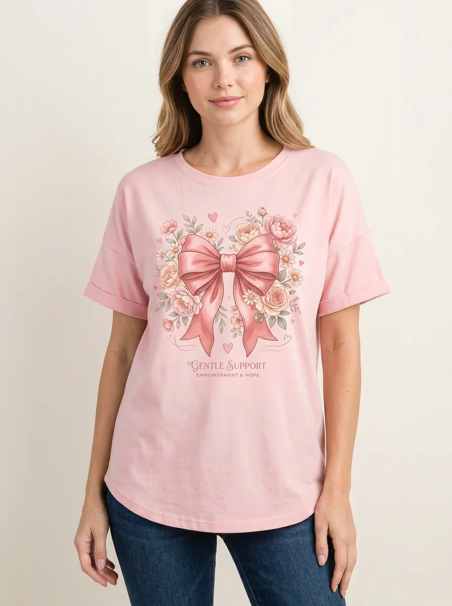 Women's Breast Cancer Awareness Pink Bow Floral Printed T-shirt