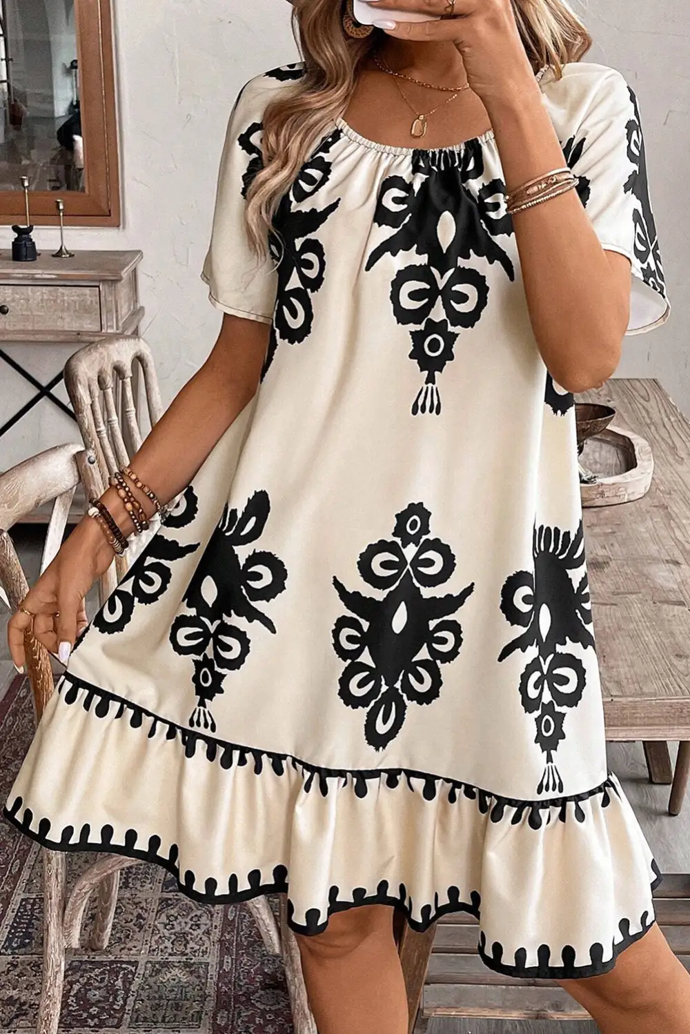 Ruffle Trim Short Sleeve Relaxed Fit Mini Dress