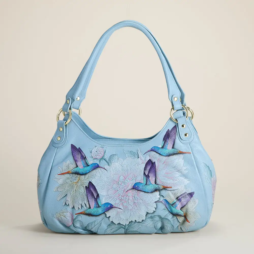 Hand-Painted Hummingbird Motif Hobo Shoulder Bag
